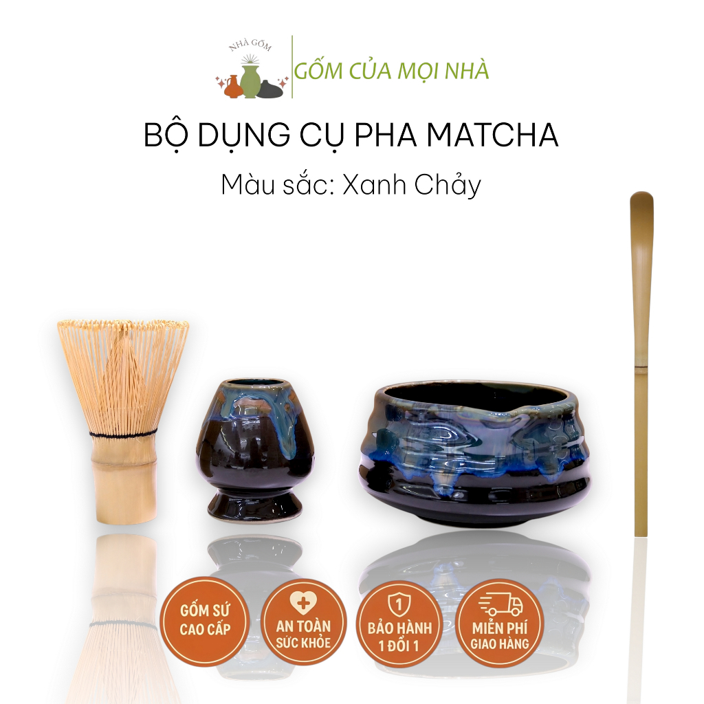 Set Dụng Cụ Pha Matcha Gồm Bát Chawan, Chân Đế, Chổi Chasen, Muỗng Chasaku - Gốm Sứ Bát Tràng