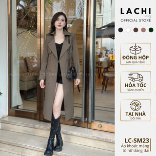   TẶNG KHĂN LỤA  Áo khoác măng tô công sở nữ LACHI dáng dài qua gối cổ vest hai lớp dày dặn có túi kèm đai lưng LC-SM23 