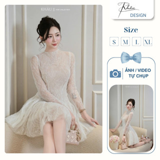 Váy tiểu thư dự tiệc Khâu Design, váy thiết kế phối ren dáng ngắn xoè bồng dài tay phong cách sang trọng K982