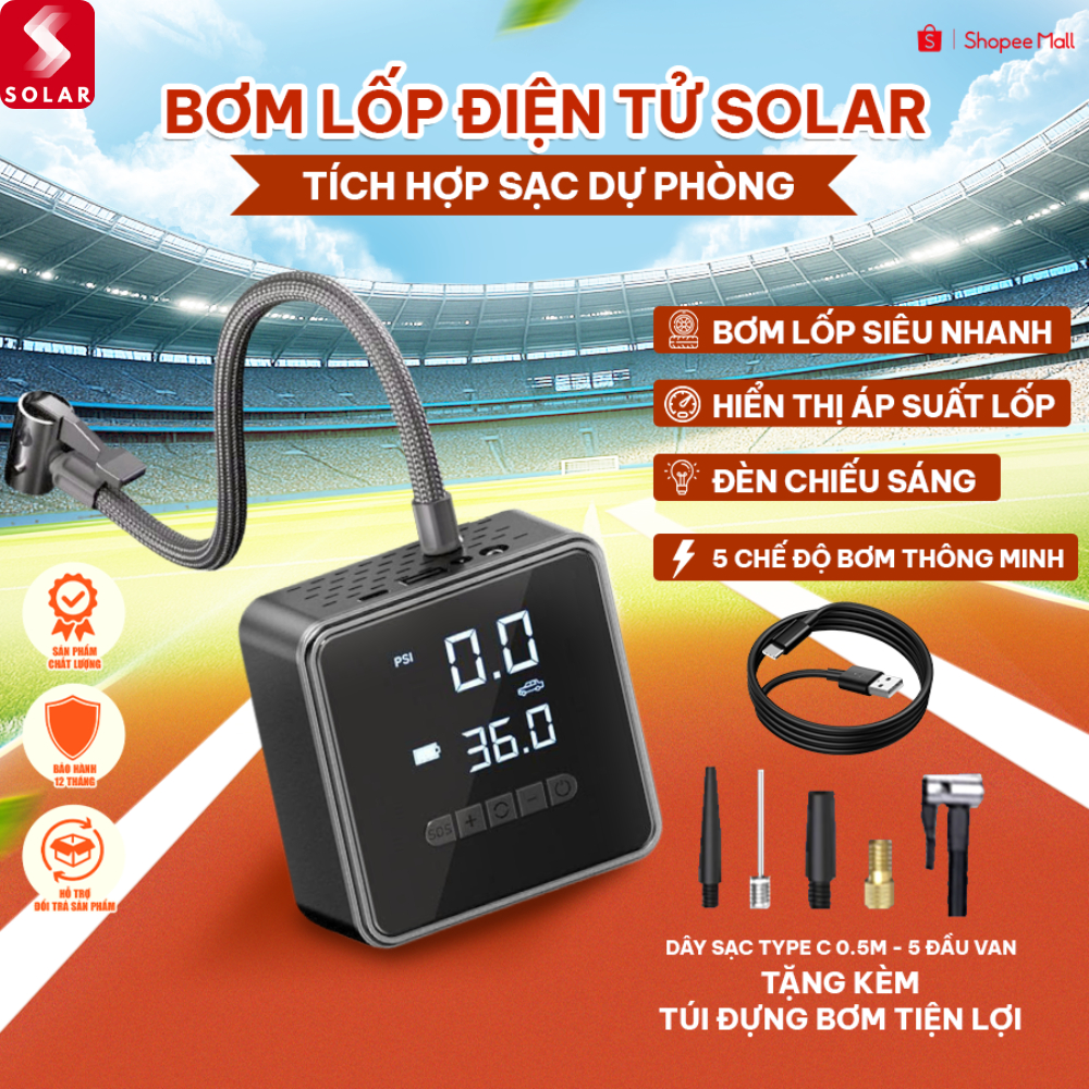 Bơm lốp ô tô SOLAR công suất 120W, màn LED cao cấp, kết hợp đèn và sạc dự phòng, động cơ siêu nạp