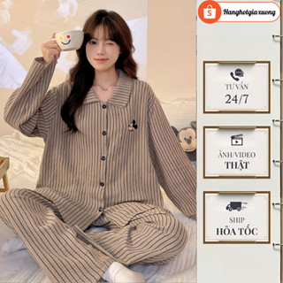 Đồ ngủ nữ thu đông in hình mickey, bộ ngủ dài tay cổ bẻ họa tiết kẻ sọc màu nâu tây nhẹ nhàng trẻ trung HCOM3614