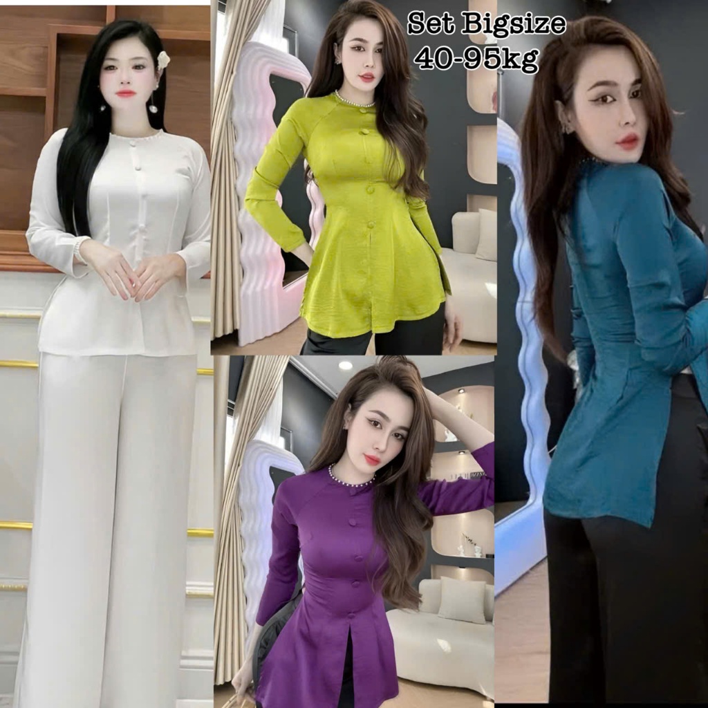 Set Bộ Đồ Bà Ba Bigsize Nữ Cao Cấp, Pháp Phục Đi Lễ Chùa Áo Tay Dài Cổ Tròn Viền Ngọc Trai Kèm Quần 