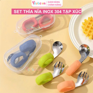  Set Thìa Nĩa Tập Xúc Silicon YEUBEVN Đầu Thìa Inox Tay Cầm Xỏ Ngón Dễ Sử Dụng Cho Bé Tập Ăn Dặm  Có Hộp  
