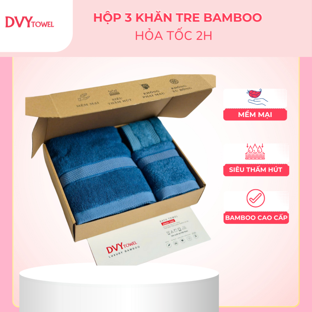 Hộp 3 Khăn Tre Bamboo Cao Cấp ( 1Khăn Tắm, 1Khăn Lau Đầu, 1Khăn Mặt)