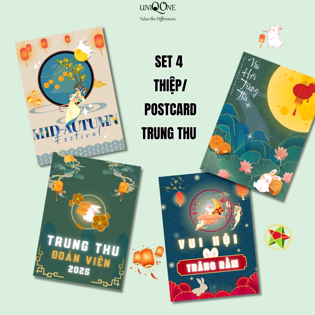 Bộ 4 thiệp hoặc Postcard tặng quà viết thư Trung thu Mid autumn Festival Rằm tháng 8 thiết kế