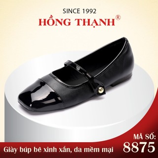  HỒNG THẠNH - Giày Búp Bê Nữ Đế Bệt Da Mịn Phối Mũi Da Bóng Đen Xinh Xắn Êm Chân - 8875 