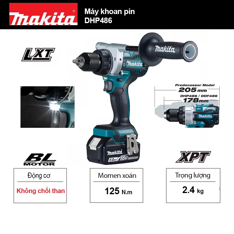 Máy khoan động lực dùng pin 18V Makita DHP486 Z, RTE (Momen xoán 125Nm)