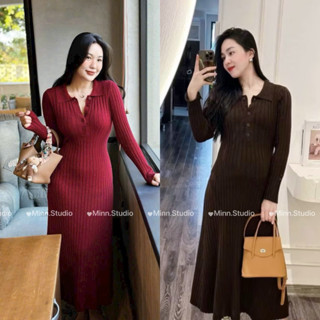   Minn.Studio   Váy Len Gân Cổ Polo Dáng Dài  Hàng QC  Chất Len Thỏ Mịn Co Dãn Nhiều 