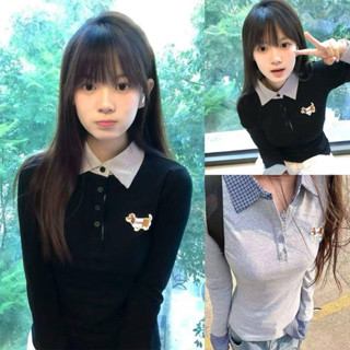   ẢNH THẬT  SẴN Áo thun cổ lật polo màu trơn phối cổ polo dài tay thu đông nữ sinh logo cún dễ thương form ôm sát ulzzang 