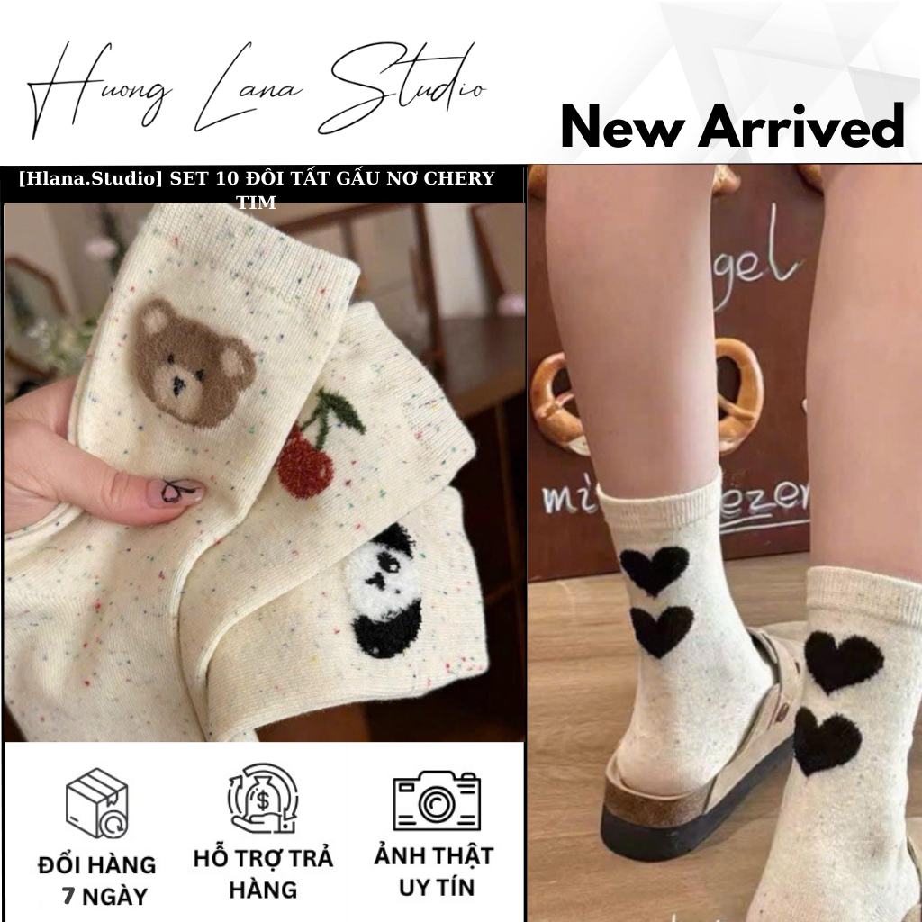 [Hlana.Studio] SET 10 ĐÔI TẤT GẤU NƠ CHERY TIM