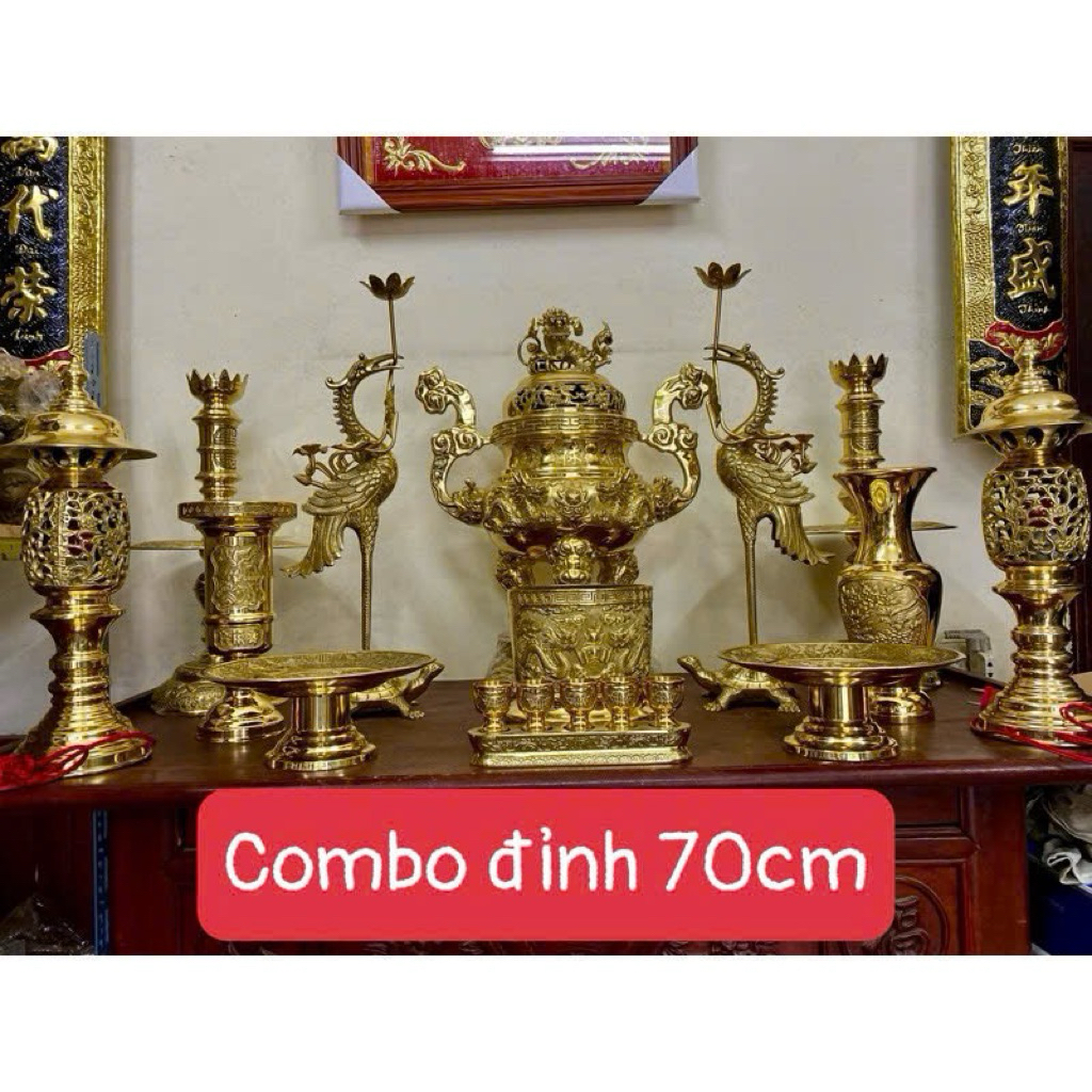 Bộ đỉnh hạc nến size đại 70cm bằng đồng cattut hàng kỹ