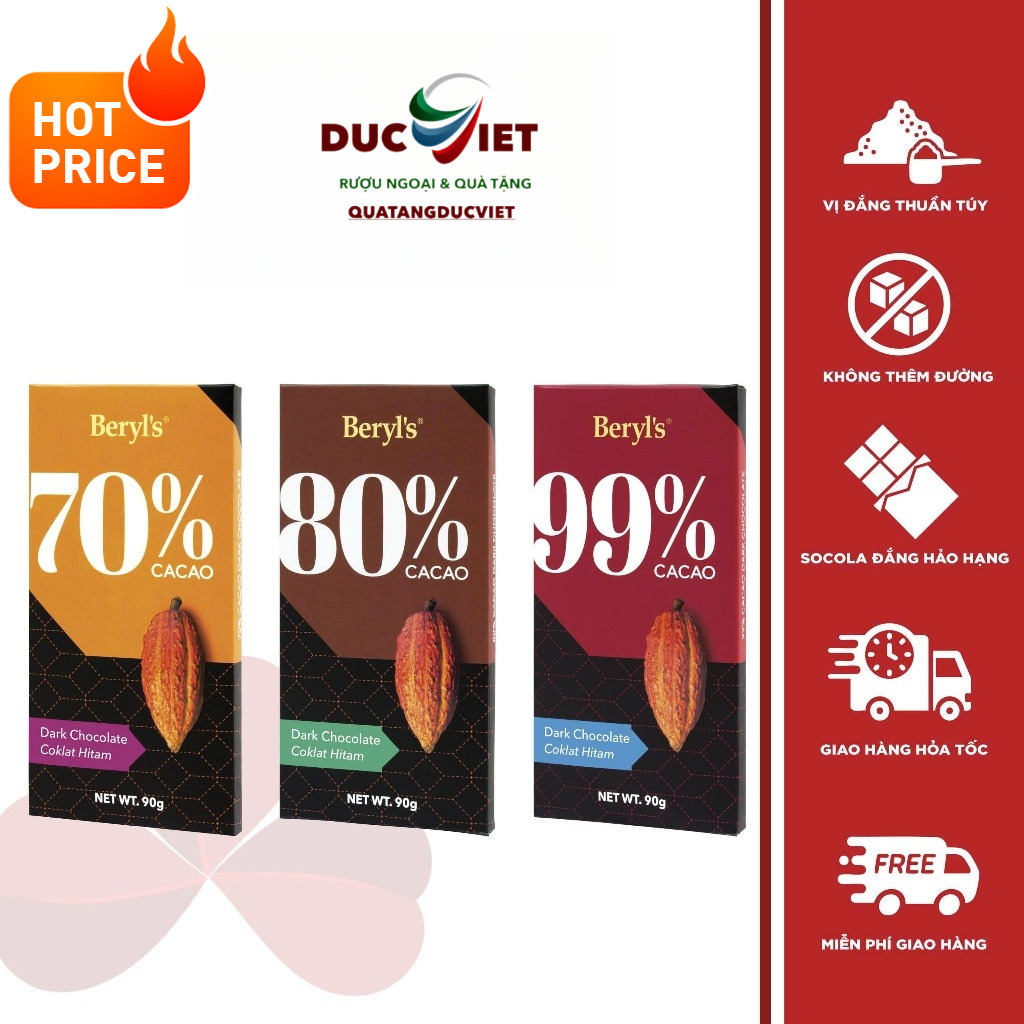 Socola đắng không đường Beryl's 70% 80% 90% ca cao thanh 90g