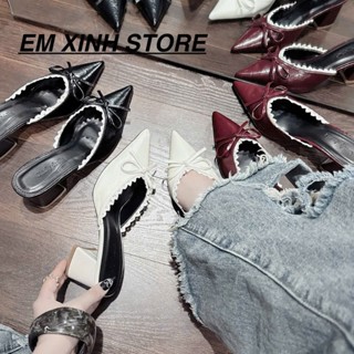  Sục nữ mũi nhọn gót trụ vuông 7p chất da bóng mềm phối ren nơ bánh bèo Em Xinh _ Mã K06 