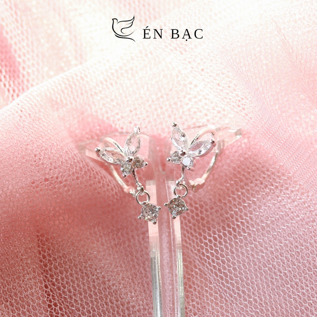 Bông tai bạc nữ mẫu bông tròn tua hồ điệp đá Én Bạc- CAM KẾT CHUẨN BẠC TA