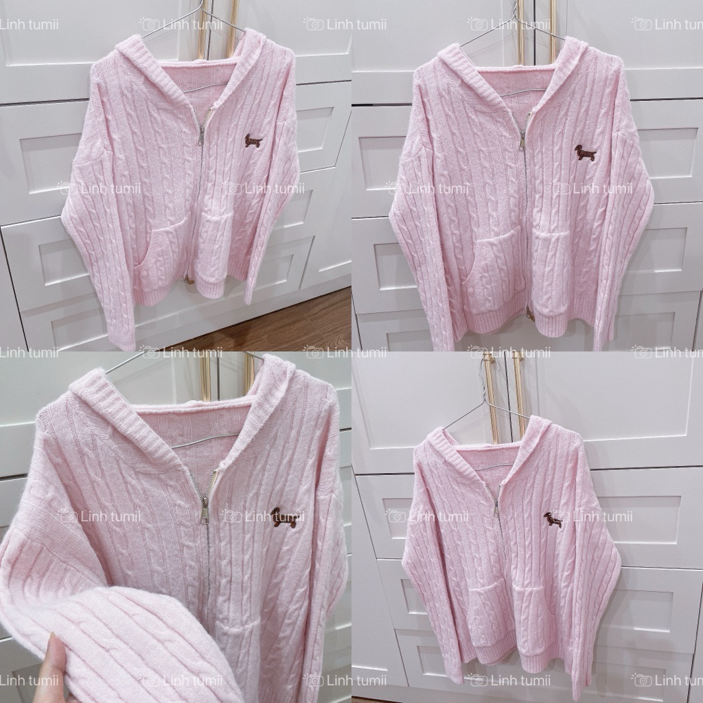 Áo khoác len nữ kéo khoá có mũ màu hồng đáng yêu form rộng