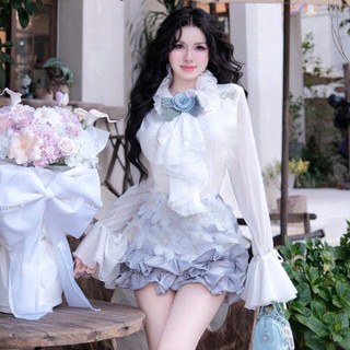  Set Áo Sơ Mi Cổ Bèo Cách Điệu Kèm Chân Váy Bèo Đính Hoa Sang Chảnh MELLYSTORE Cao Cấp Đẹp Quyến Rũ ,Sang Trọng 