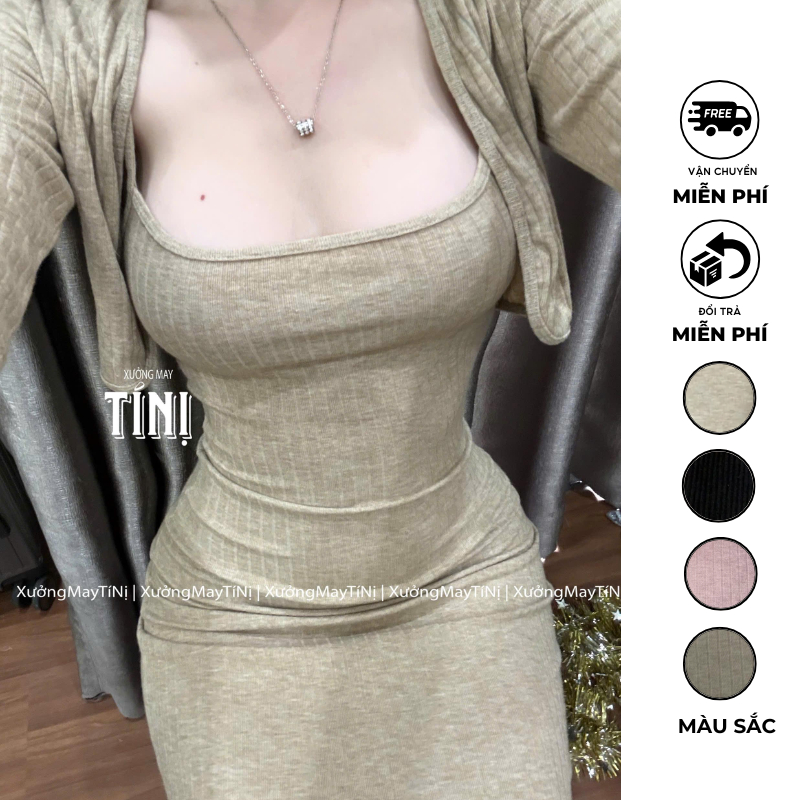 Xuongmaytini - Đầm Body đuôi cá dài cao trên mắt cá vải len sọc Trung Đầm_D06
