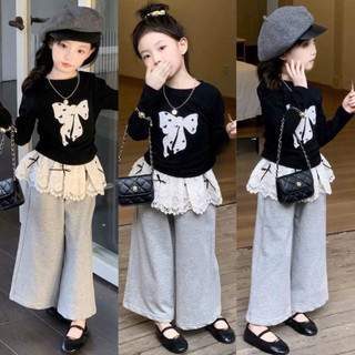  Quần áo bé gái set áo thun hoạ tiết hình nơ kèm quần ống suông rộng cho bé 10-32kg 
