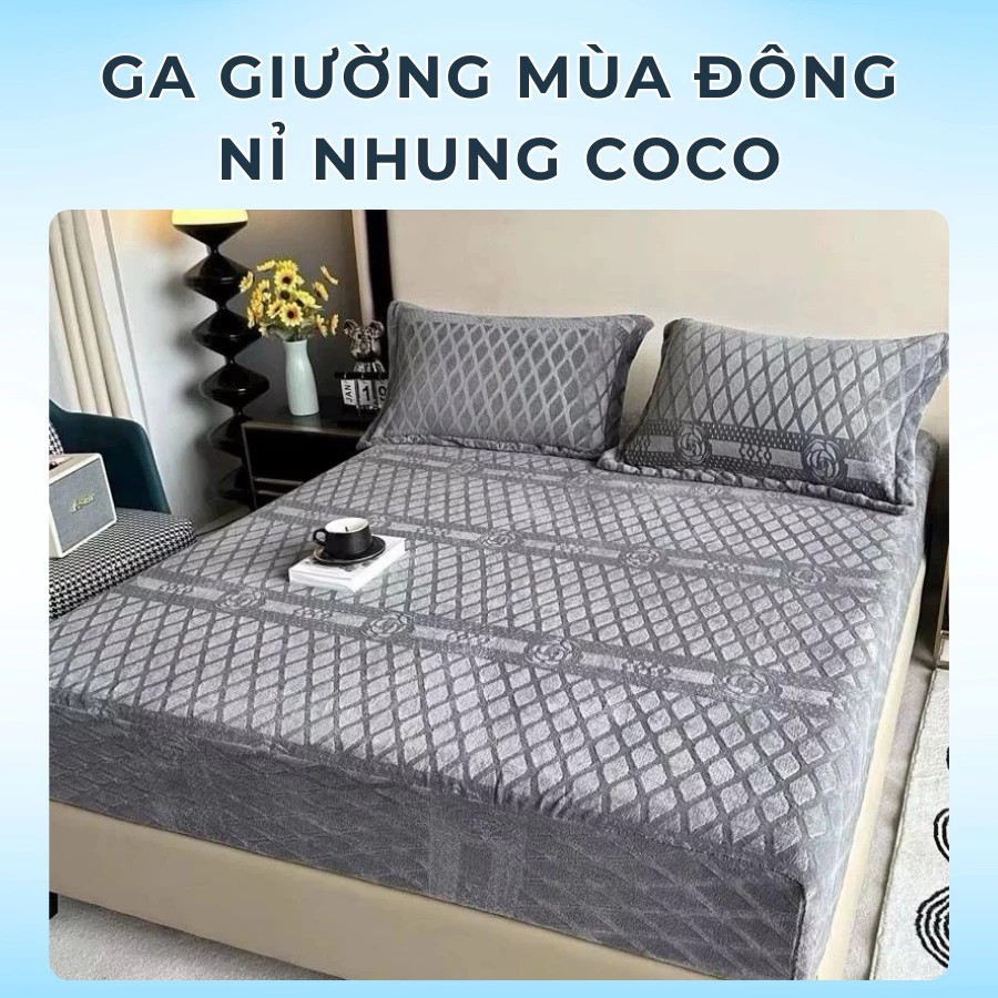 Bộ ga giường + 2 vỏ gối đầu lông tuyết nỉ nhung coco màu trơn ga chun bọc nệm mềm mịn