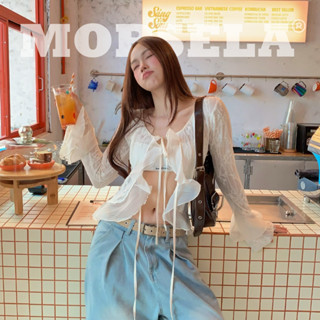 Áo kiểu nữ tay dài loe hoạ tiết ren xuyên thấu MORSELA cột nơ xinh yêu - PLUM