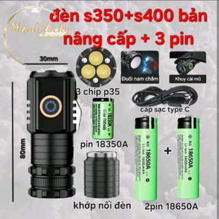  đèn mini cầm tay siêu sáng s350+s400 bản nâng cấp 3 pin đi kèm kháng nước đi mưa,thân hợp kim nhôm nam châm đuôi..vv 