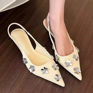  Cao gót mũi nhọn đính hoa 3D tiểu thư Giày sandal gắn hoa Chị Đẹp Store U145 