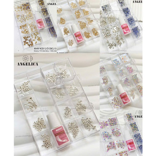  Khay Đá Nail Chân Bằng Mix Đá đính nail màu trắng trà 7 màu trang trí móng tặng kèm keo 