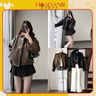   HÀNG QC 2 Lớp  Áo Khoác Da Form Rộng Bo Chun Viền Dưới Cá Tính Áo Khoác Bomber Da Bo Gấu Form Fộng 