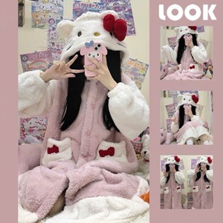  Bộ Đồ Ngủ Bông Mùa Đông Hello Kitty Áo Choàng Lông Cừu San Hô Dày Dặn In Họa Tiết Dễ Thương  KHÔNG KÈM QUẦN   