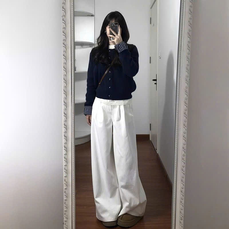 [ẢNH THẬT] Áo cardigan dáng ngắn YUMMY phối tay kẻ , Cardigan cổ tròn dệt kim xanh Navy AL46 | BigBuy360 - bigbuy360.vn