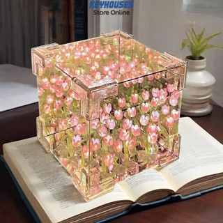 Đèn Ngủ Hoa Tulip Dây LED Để Bàn Tráng Gương Hình Vuông Handmade Quà Tặng Sinh Nhật