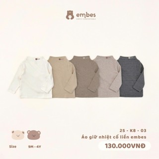 Áo Giữ Nhiệt Cho Bé Embes, Áo Dài Tay Cổ 3 Phân Chất Cotton Mềm Mại Ấm Áp Cho Bé Trai Bé Gái Từ 8-18kg