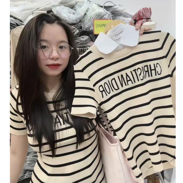 Áo len nữ len MONGTOGHI cổ tròn cộc tay len dệt kim kẻ sọc ngang fom ôm body