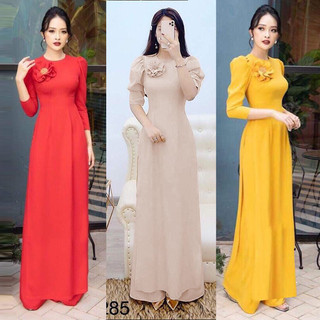 Áo Dài Truyền Thống Tay Bồng Thêu Hoa Nổi Vải Tây Thi May Sẵn Cao Cấp 3 Màu: Vàng Be Đỏ - ATT356 