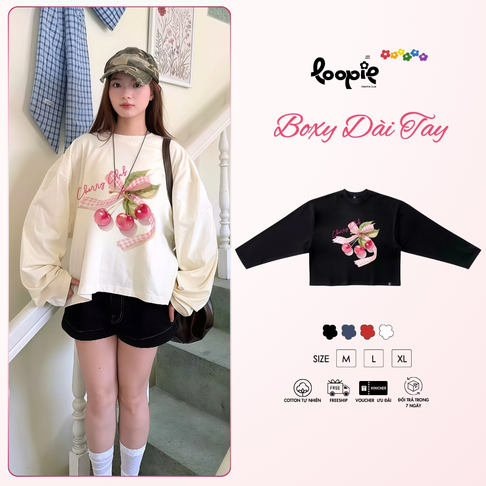 Áo Thun Boxy Tay Dài Cherry Plaid By Loopie Club BST72 Chất Cotton Co Giãn 4 Chiều Thu Đông Cho Nam 