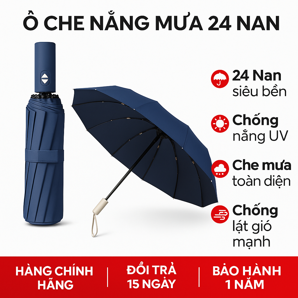 Ô gập tự động 24 nan thép chống gió chống nắng mưa tia UV kèm túi đựng