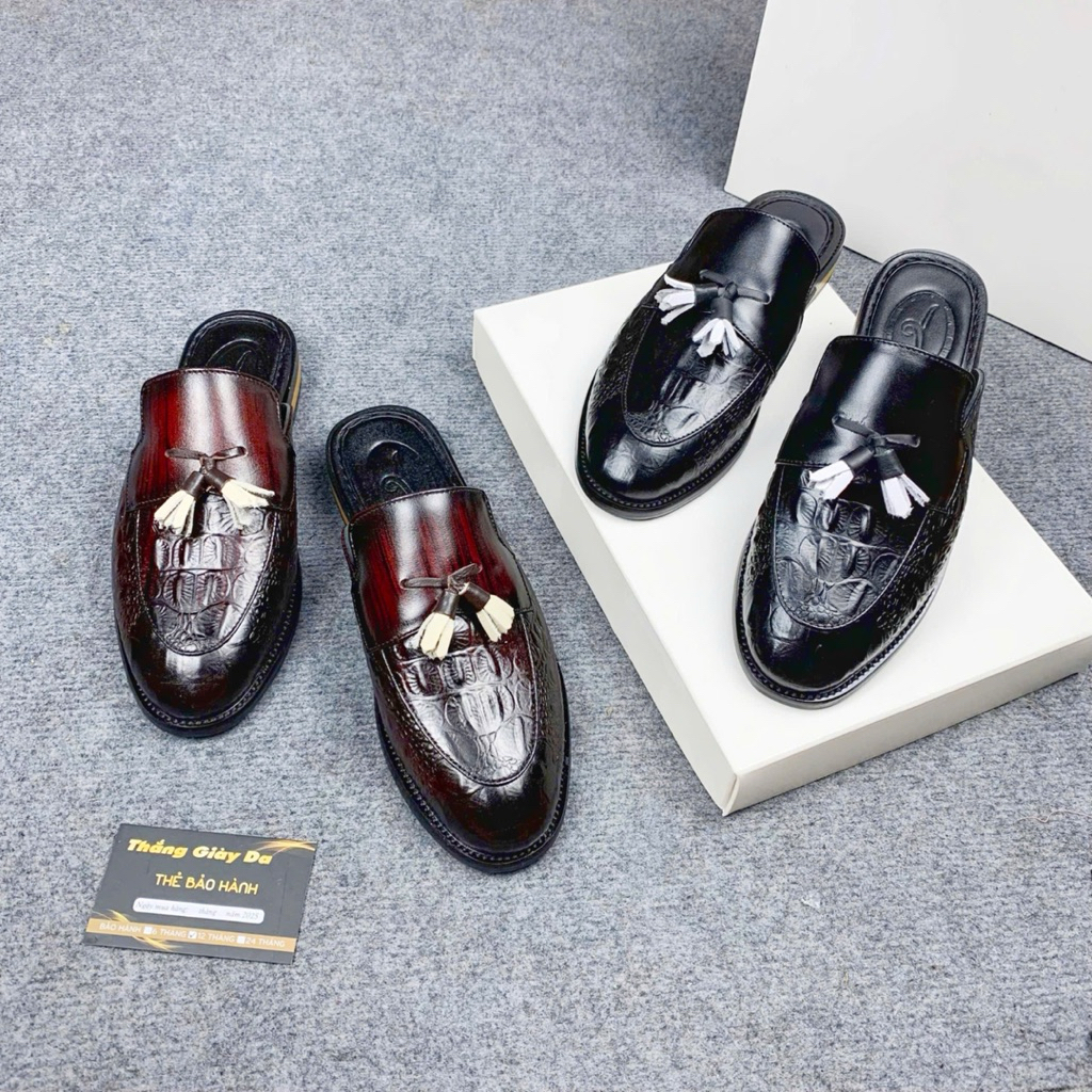 Giày Sục Hở Gót Nam Cao Cấp Da Bò Nhập Đế Gỗ, Sục Vân Cá