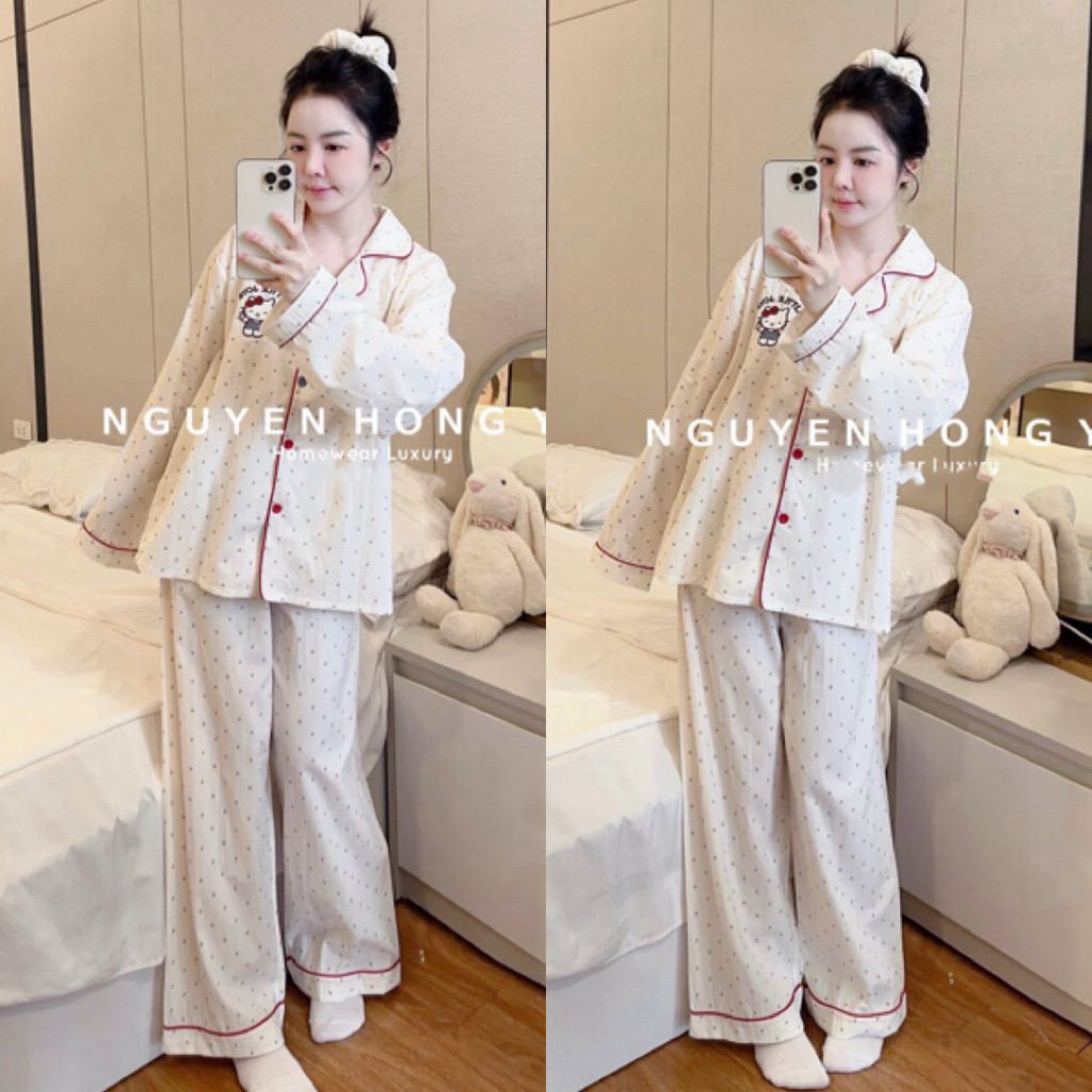 Bộ Ngủ Pijama Nữ , Bộ Ngủ Đũi Chấm Bi Viền Cổ K