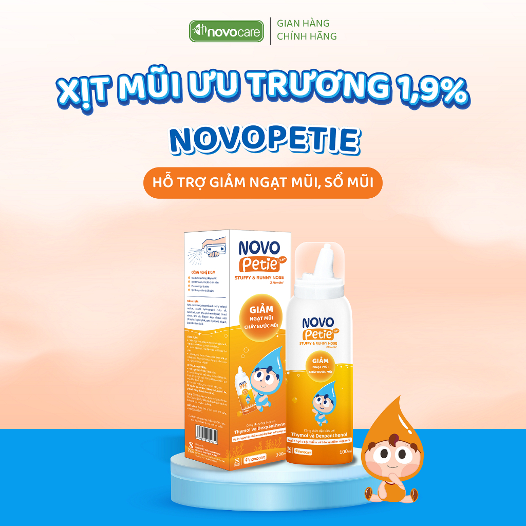 Xịt mũi nước muối ưu trương Novocare Novopetie 1,9% thông mũi, giảm sổ mũi, ngạt mũi giúp dễ thở hơn
