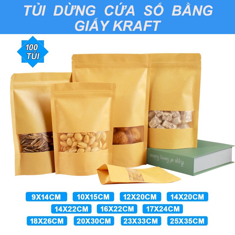 100 Túi zip giấy kraft đựng thực phẩm 1kg Túi zip giấy kraft có cửa sổ đáy đứng