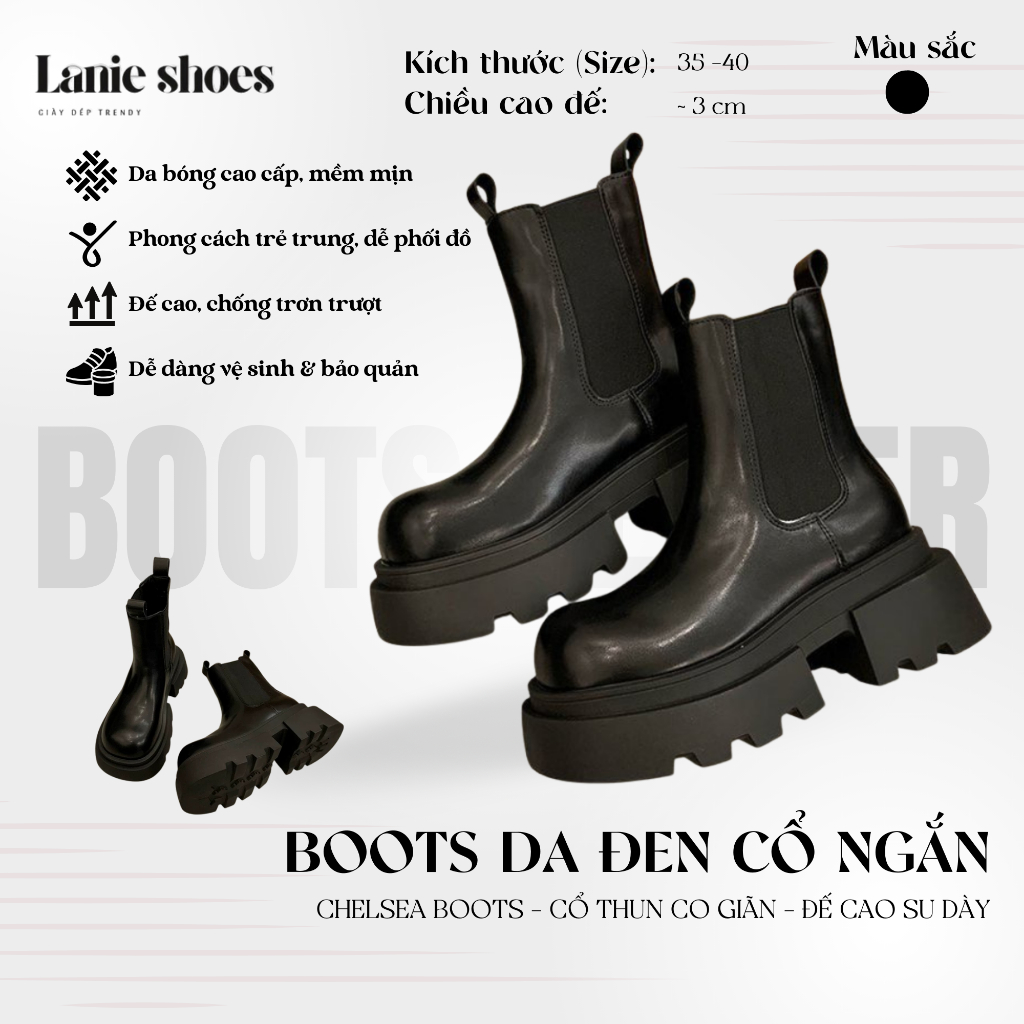 Giày bốt nữ cổ ngắn | Boot Chelsea da PU đen đế cao phong cách Ulzzang, hàng Quảng Châu loại 1