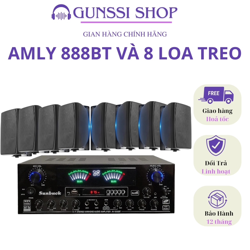 Bộ amly 888bt và 8 loa treo tường HY 313 công suất 40w, combo amly và loa dùng cho nhà hàng, quán ca