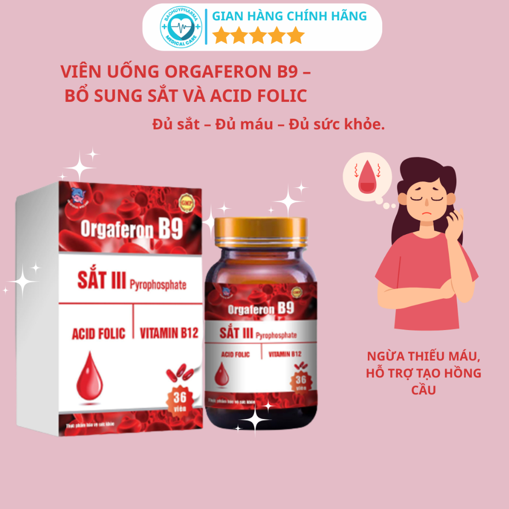ORGAFERON B9, viên uống bổ sung sắt, acid folic cho phụ nữ mang thai, sau sinh, người thiếu máu