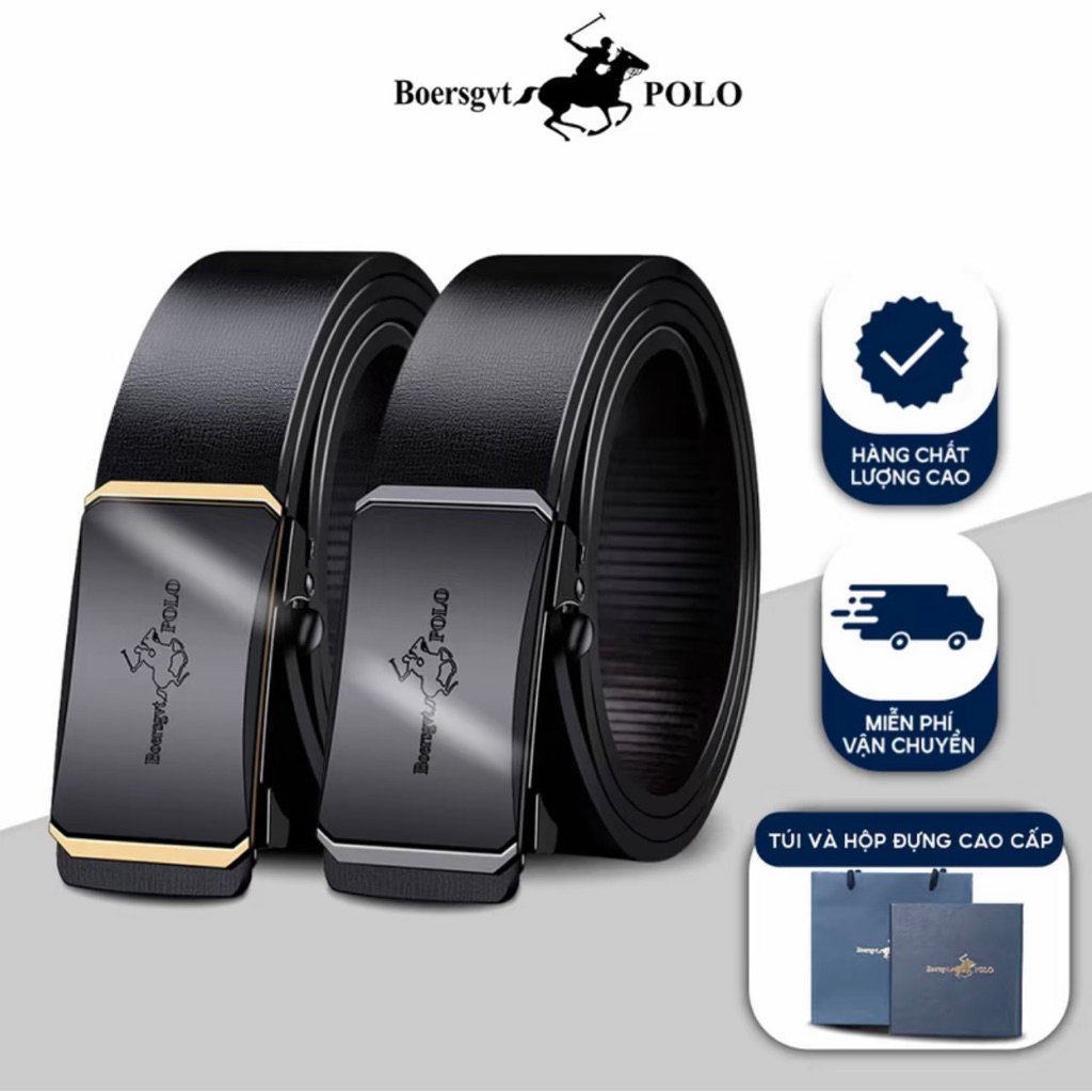 Thắt lưng nam cao cấp BoersgvtPOLO,dây nịt da nam khóa tự đông Full hộp đựng cao cấp