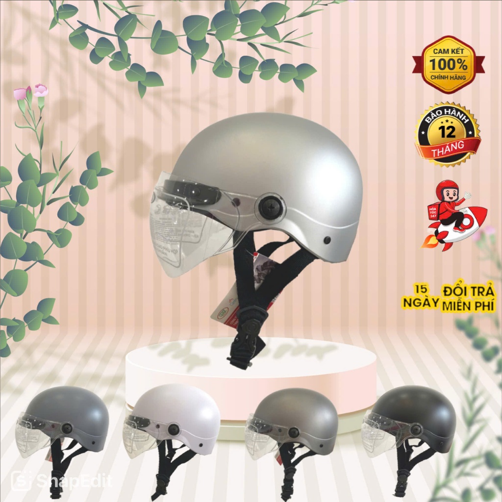 Nón Bảo Hiểm Nửa Đầu Có Kính Chắn Gió TNEK, Màu Nón Sơn Nhám Nhãn Hiệu S Cao Cấp