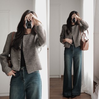 Áo Khoác Dạ Tweed Nữ Dáng Ngắn Cổ Tròn Họa Tiết Vintage Hàn Quốc Thời Trang Thu Đông Kimee - KA651