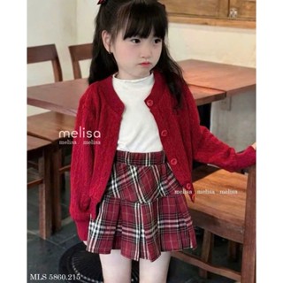   B&G  Sét váy 3 món Áo thun trắng basic phối Khoác cardigan đỏ Chân váy caro đỏ xếp ly cho bé gái 