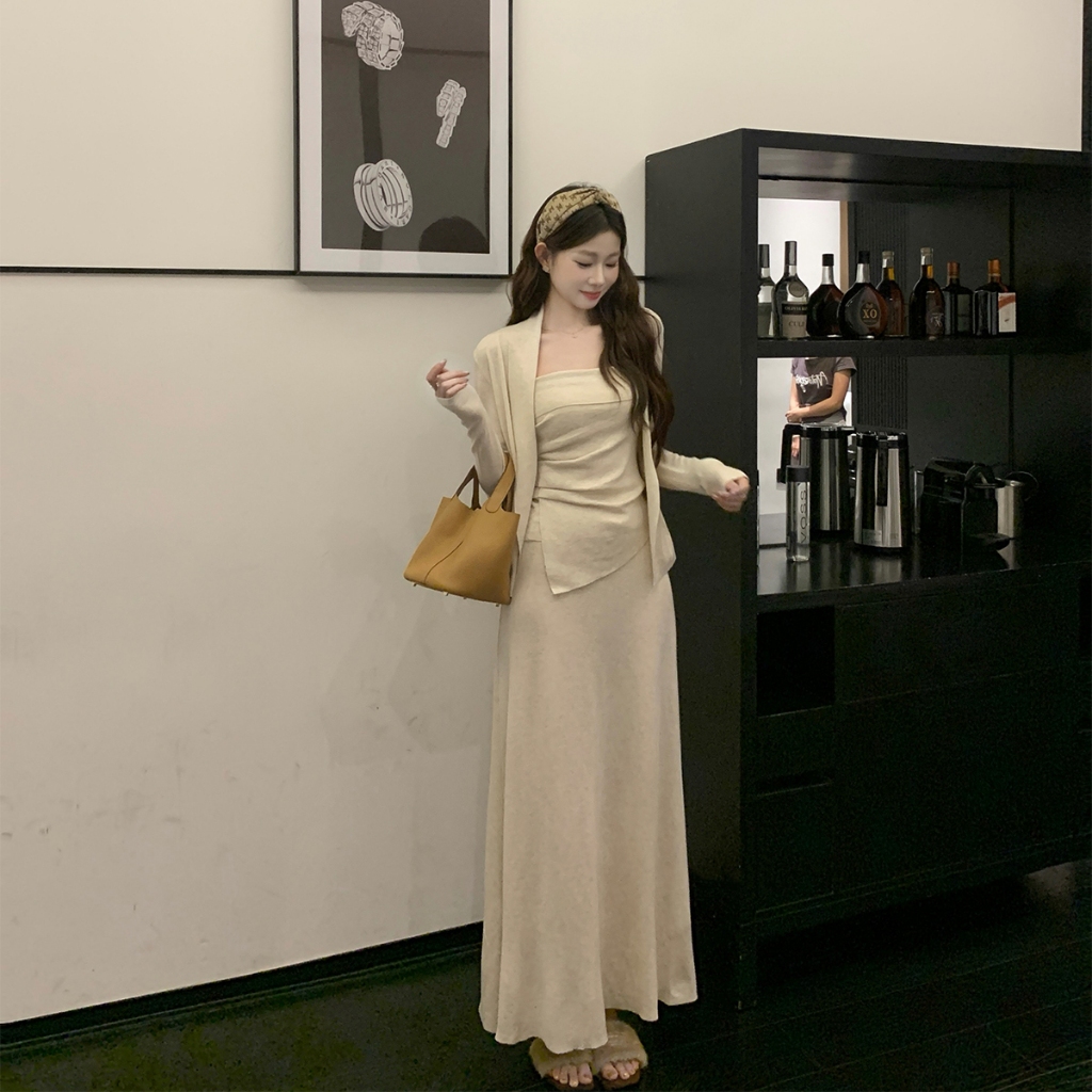  Set đồ nữ Helen 3 món Áo cadigan + Áo 2 dây + Chân váy maxi chất thun len spandex cao cấp mặc đi chơi làm mùa thu đông 