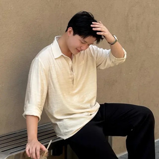 Áo Sơ Mi Nam Cổ Đức Kết Hợp Cổ V cách điệu , Vải Đũi Xước Thêu Chữ SIXHUMAN HMA035 | Thanh Lịch – Thoáng Mát – Dễ Phối