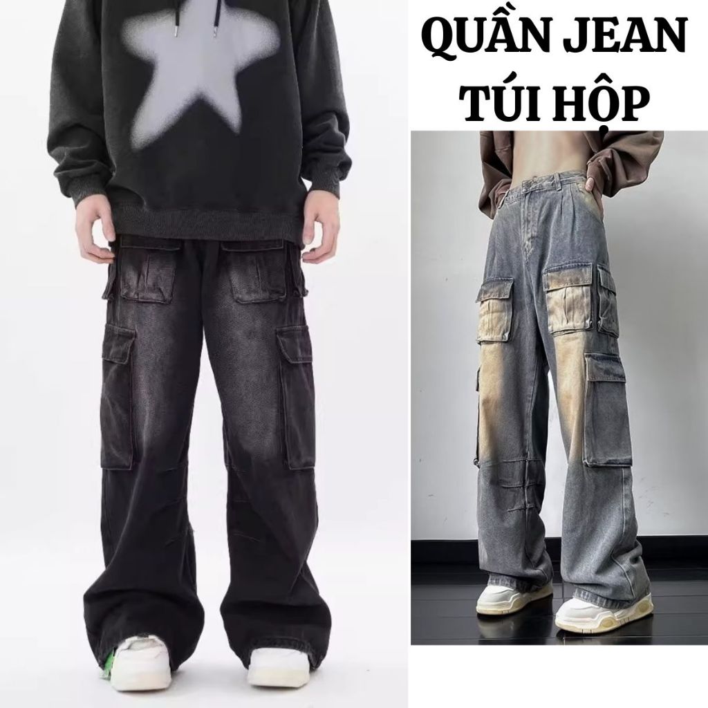 Quần Jean TÚI HỘP Nam FABUMAN nhiều túi kèm dây tháo rời ỐNG RỘNG màu Đen xanh xám đầy đủ size